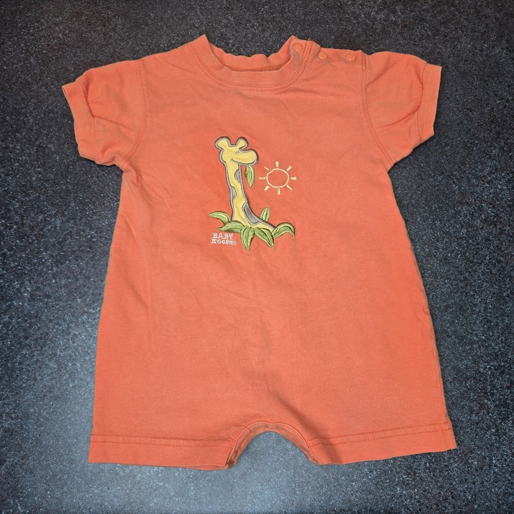 Vtg OshKosh Baby B'Gosg Orange Knit Romper Boys 6/9 Months Jungle Embroidered
